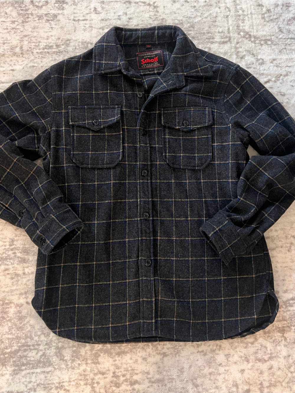 Schott Navy Plaid Flannel Jacket with Tan Windowpane